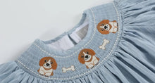 Load image into Gallery viewer, Preorder ETA 7/15-8/15-Light Blue Puppy Smocked Bishop Dress - Image #3
