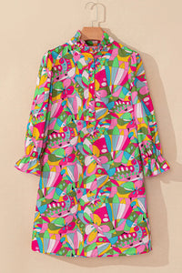 Pink Abstract Printed Lantern Sleeve Buttoned Mini Dress - Image #4