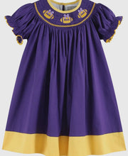 Load image into Gallery viewer, Purple and Gold Football Smocked Bishop Dress
