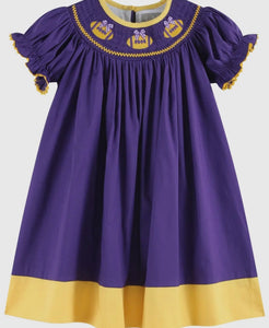 Purple and Gold Football Smocked Bishop Dress