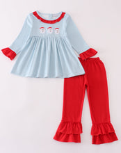 Load image into Gallery viewer, Blue stripe christmas santa embroidery girl set
