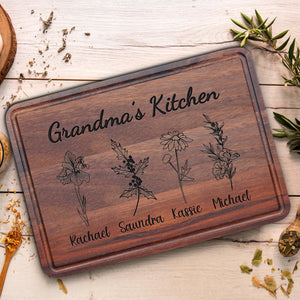 Personalized Cutting Board For Mom - Grandma, Birth Flower Grandmom's Garden, Mothers Day Gifts For Grandma, Christmas and Birthday Gifts For Mom From Son, Daughter, Chopping Board for Mama's Kitchen