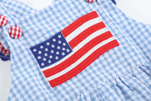 Load image into Gallery viewer, Lil cactus Light Blue and Red Gingham USA Flag Ruffle Romper
