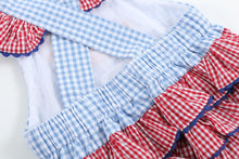 Load image into Gallery viewer, Lil cactus Light Blue and Red Gingham USA Flag Ruffle Romper
