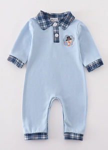 Blue thanksgiving turkey embroidery boy romper - Image #1