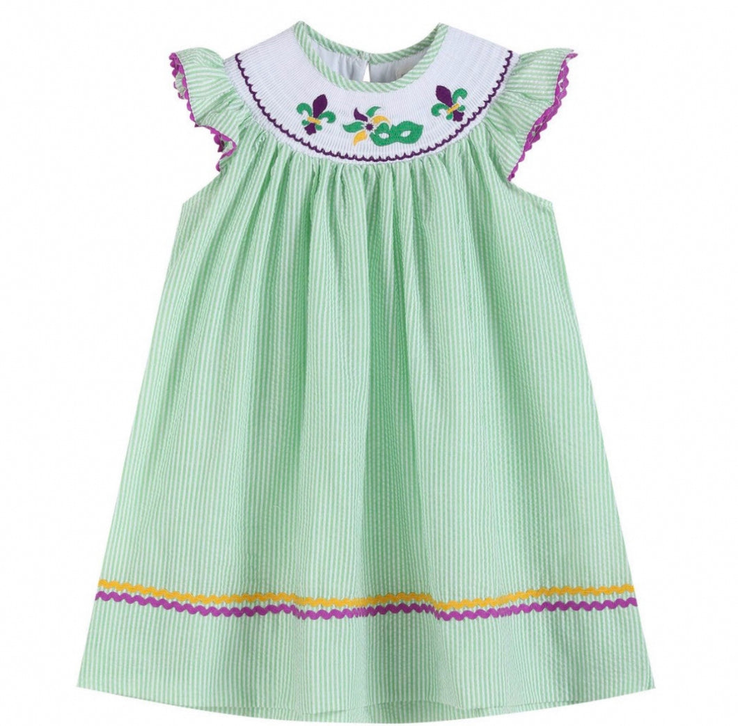 Green and Purple Mardi Gras Smocked Bishop Dress