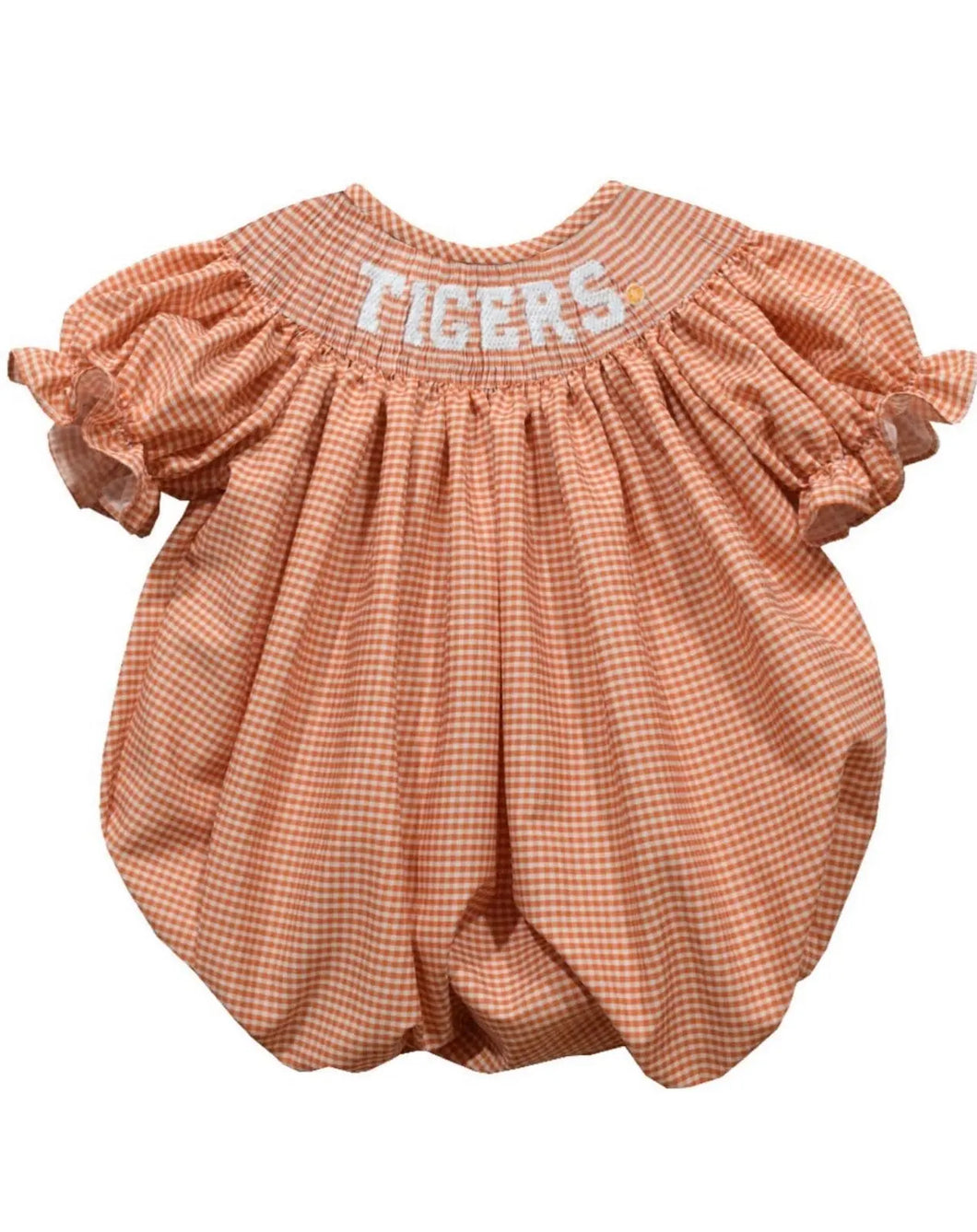 Clemson Tigers Smocked
Gingham Short Sleeve Girls Bubble - Image #1