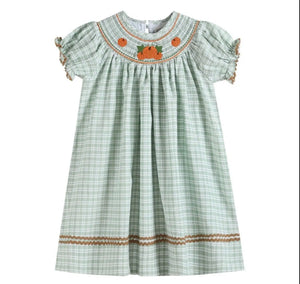 Sage Green Plaid Pumpkin Smocked Bishop Dress - Image #1