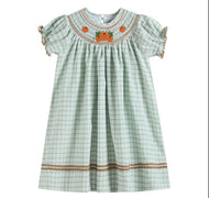 Sage Green Plaid Pumpkin Smocked Bishop Dress - Image #1