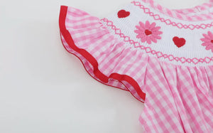 Preorder by 9/30-Pink Gingham Daisy and Hearts Smocked Romper-Ships 12/28
