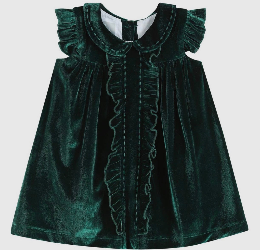 Green Velour Flutter Sleeve Dress