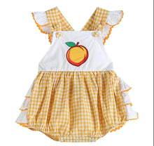 Load image into Gallery viewer, Orange Gingham Peach Applique Ruffle Romper - Image #1
