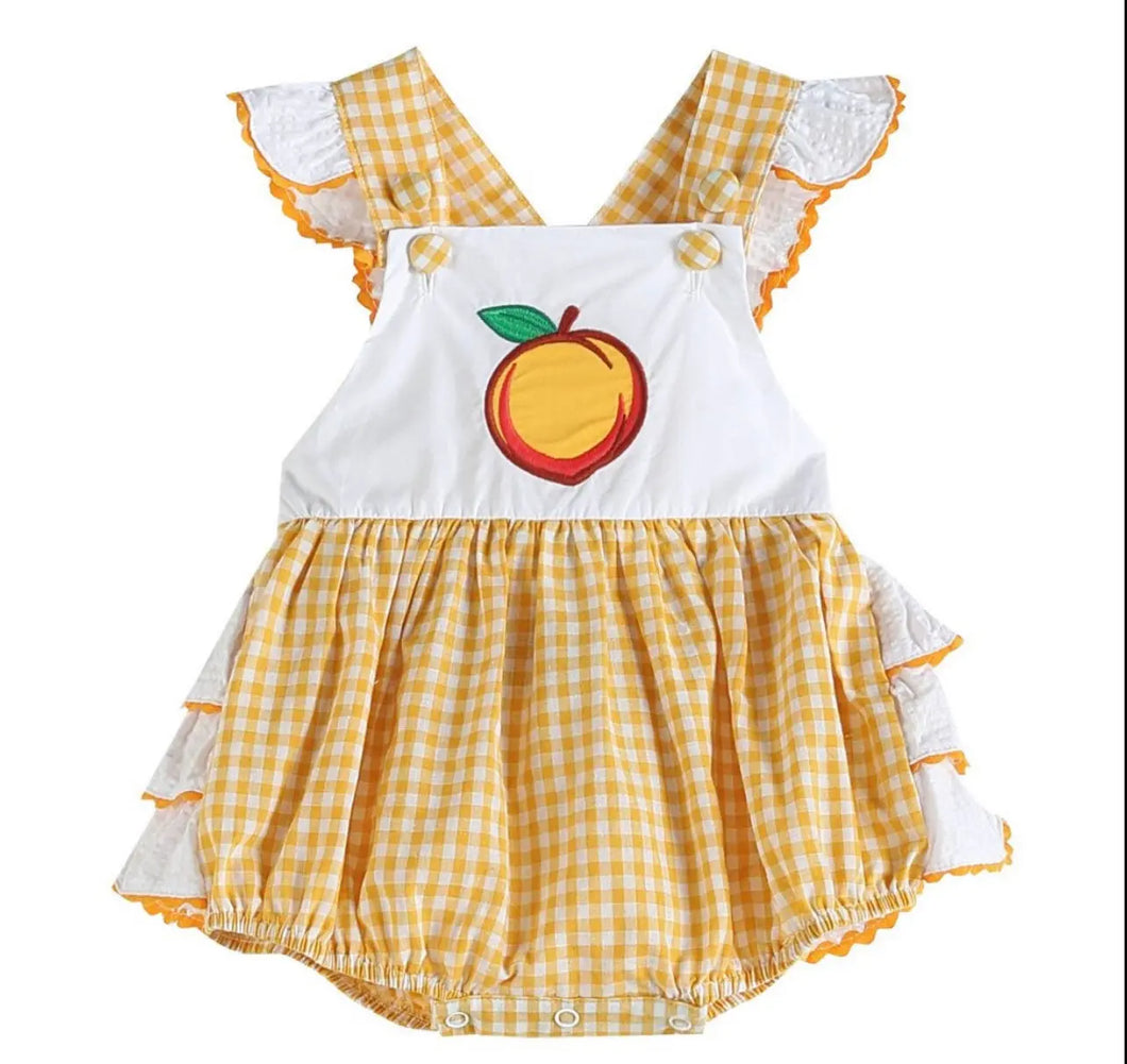 Orange Gingham Peach Applique Ruffle Romper - Image #1