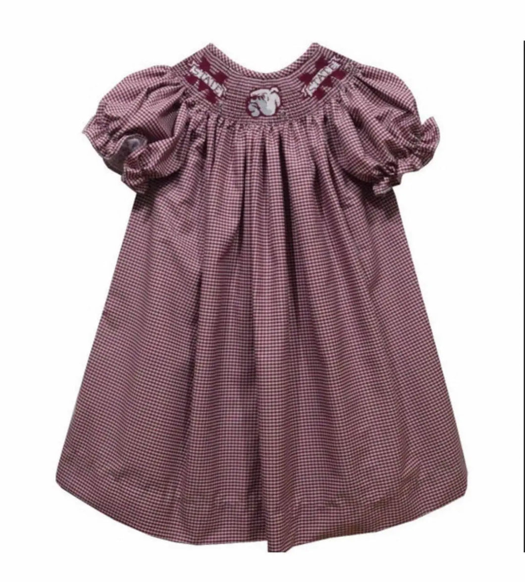 Mississippi State Bulldogs Smocked Maroon Gingham Short Sleeve Bishop Dress - Image #1