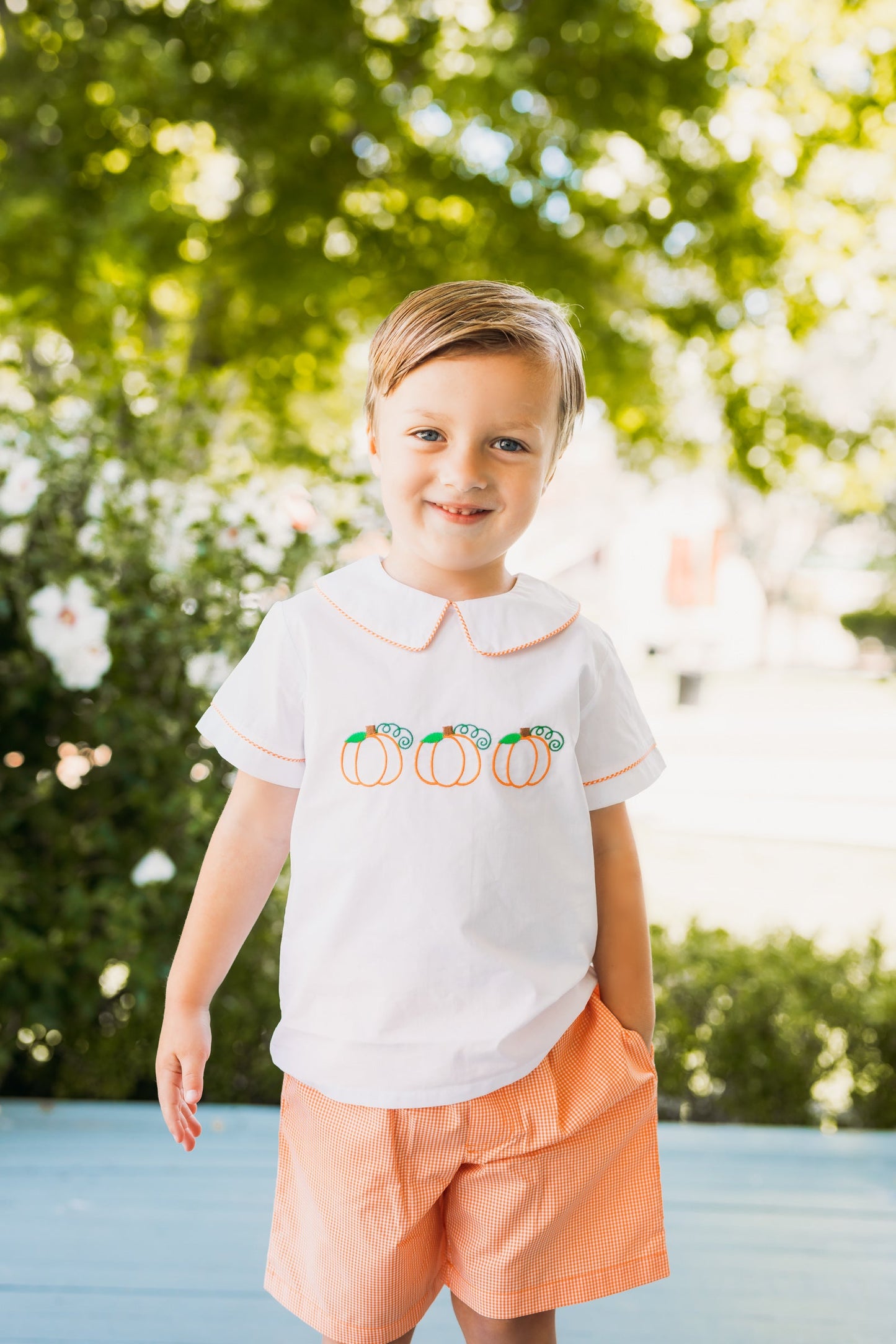 Proper Pumpkins Embroidered White Woven Top & Orange Gingham Shorts Set