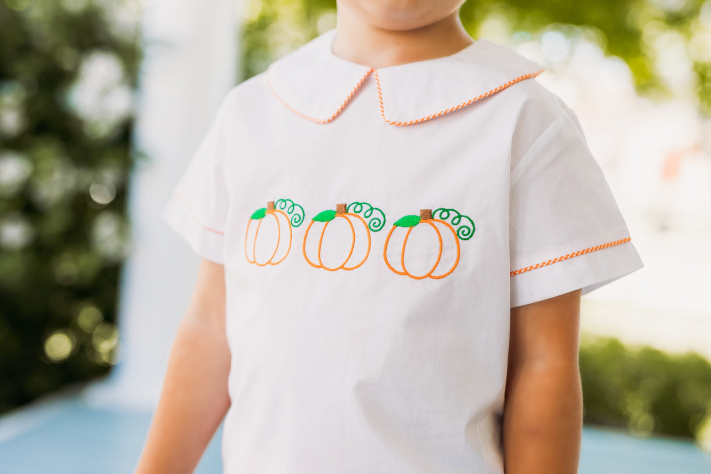 Proper Pumpkins Embroidered White Woven Top & Orange Gingham Shorts Set