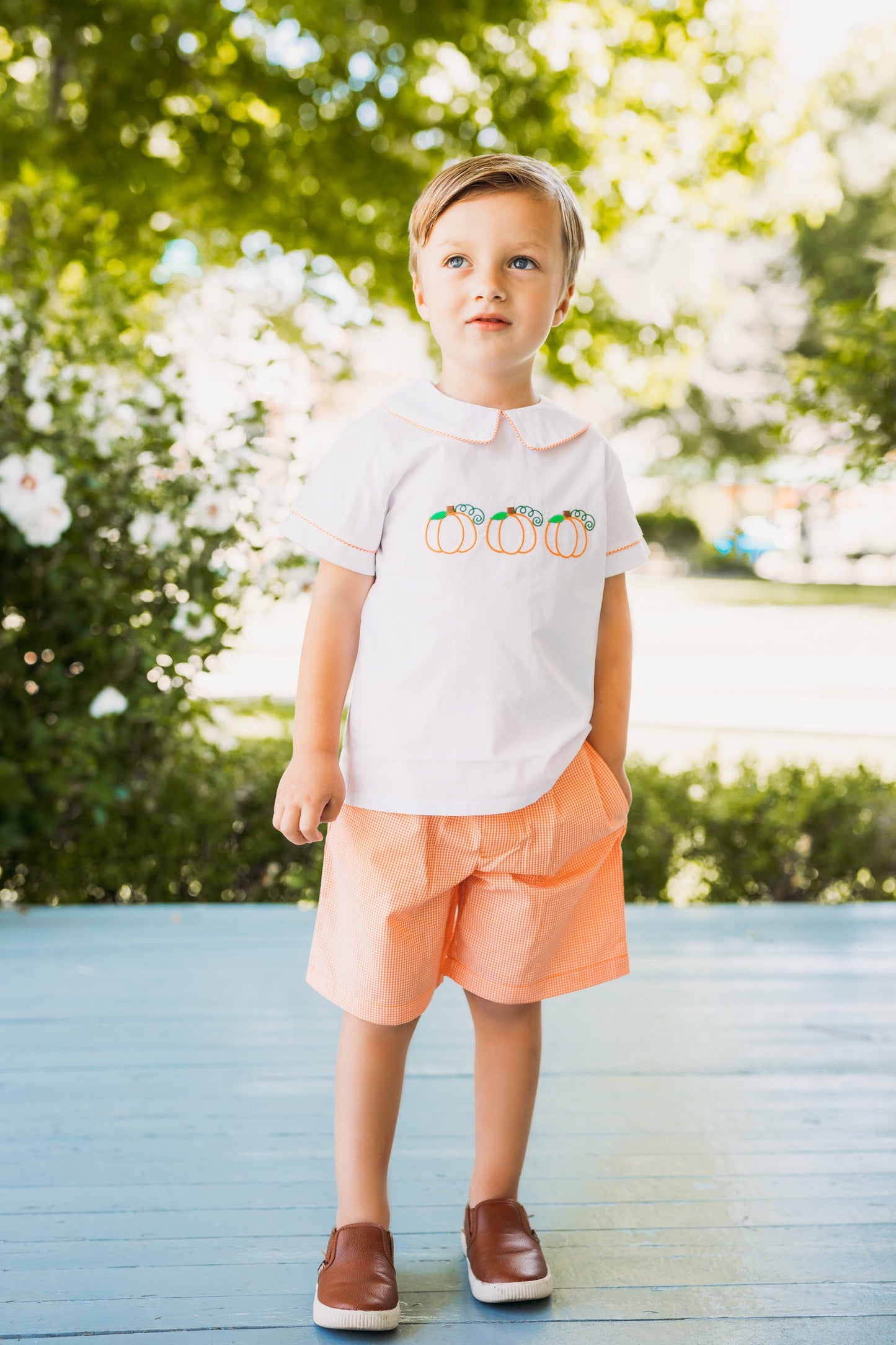 Proper Pumpkins Embroidered White Woven Top & Orange Gingham Shorts Set