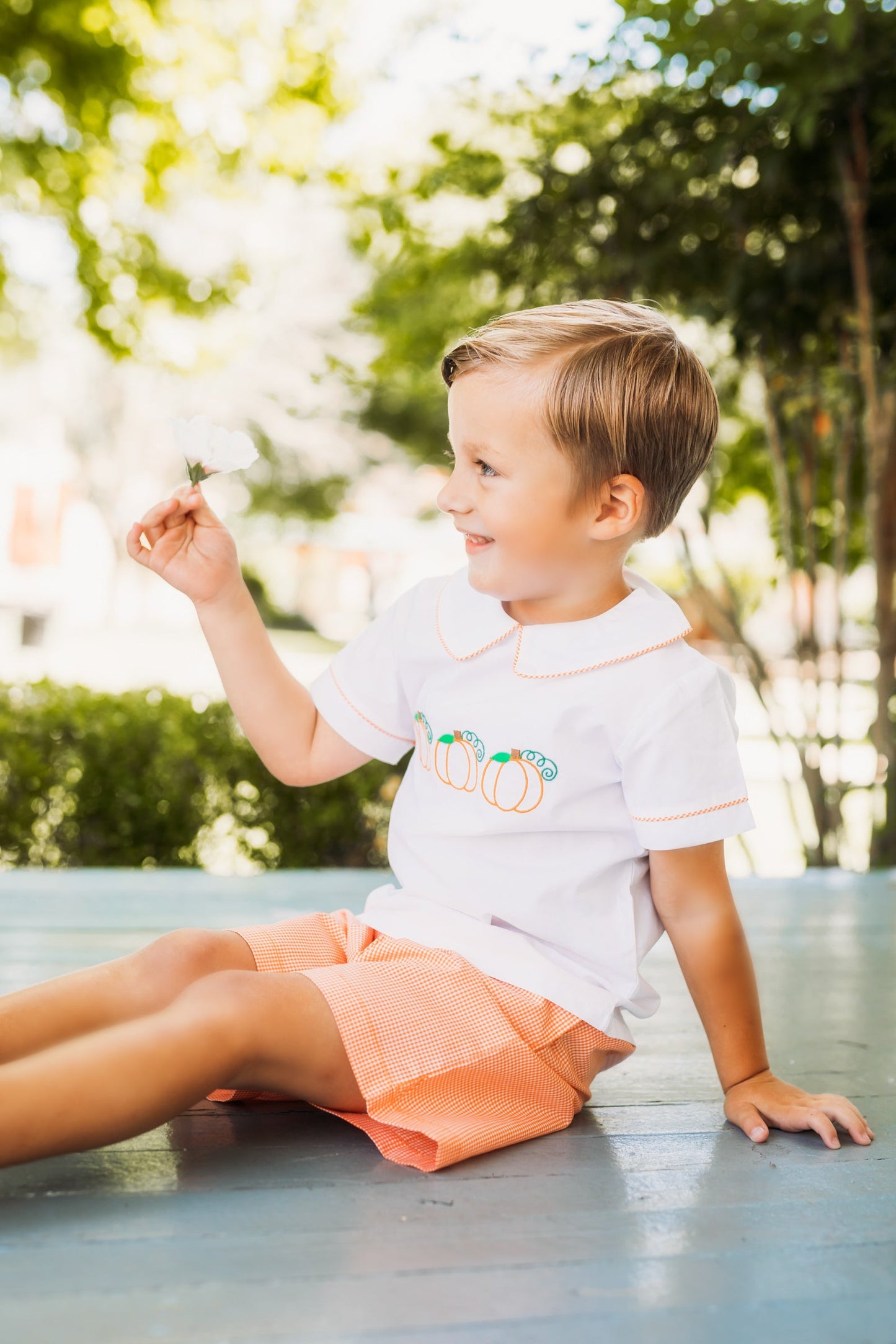 Proper Pumpkins Embroidered White Woven Top & Orange Gingham Shorts Set