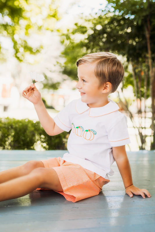 Proper Pumpkins Embroidered White Woven Top & Orange Gingham Shorts Set