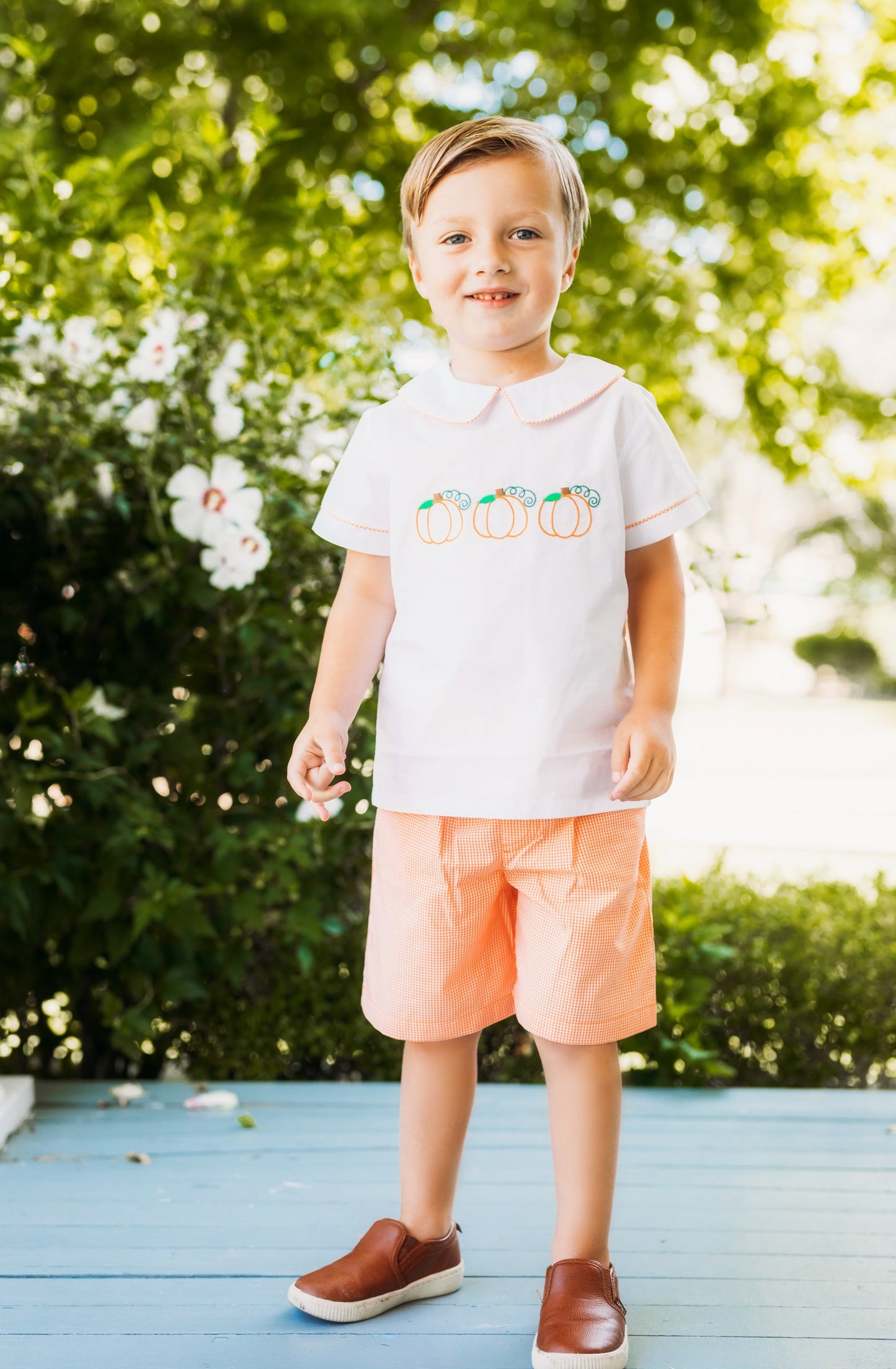 Proper Pumpkins Embroidered White Woven Top & Orange Gingham Shorts Set
