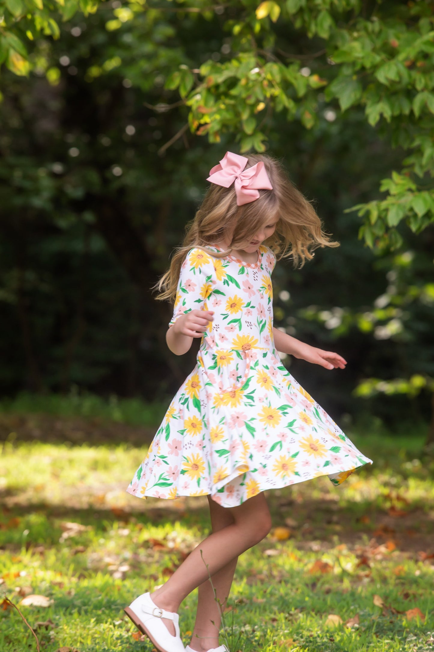 Sunflower Evenings Floral Print Knit Swing Dress with Pockets
