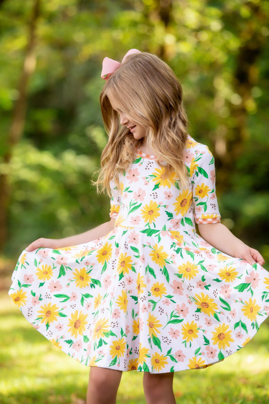 Sunflower Evenings Floral Print Knit Swing Dress with Pockets