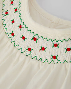 Christmas Girl's Romper: Delicate Embroidery with Red Bow Details-Ships 10/20