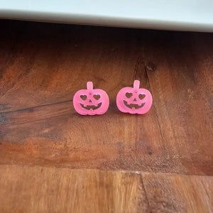 Jack O Lantern Pumpkin Studs - Pink Glitter - Image #1