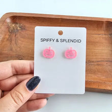 Load image into Gallery viewer, Jack O Lantern Pumpkin Studs - Pink Glitter - Image #3
