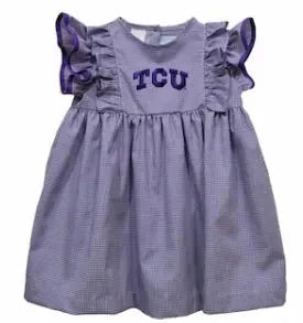 TCU Horned Frogs
Embroidered Purple Gingham Ruffle Dress-size 5 - Abbies Place