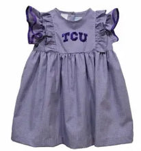 Load image into Gallery viewer, Ready to ship-TCU Horned Frogs
Embroidered Purple Gingham Ruffle Dress - Image #1
