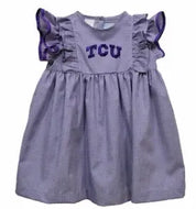 Ready to ship-TCU Horned Frogs
Embroidered Purple Gingham Ruffle Dress - Image #1