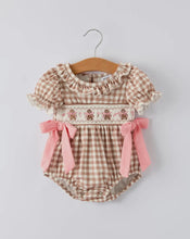 Load image into Gallery viewer, Christmas Vintage-Style Plaid
Embroidered Gingerbread and Bows Girls Romper-Ships 10/30
