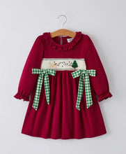 Load image into Gallery viewer, Christmas Smocking Embroidered Girls Dress with Green Plaid Bow
