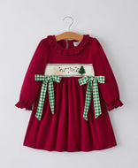 Christmas Smocking Embroidered Girls Dress with Green Plaid Bow