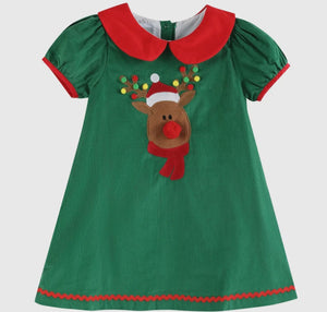 Green Corduroy Sherpa Reindeer Dress