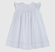 Load image into Gallery viewer, White and Blue Holy Smocked
Bishop Dress
