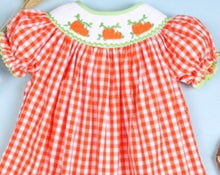 Load image into Gallery viewer, Thanksgiving Girl Hand Smocked Bishop Dress
