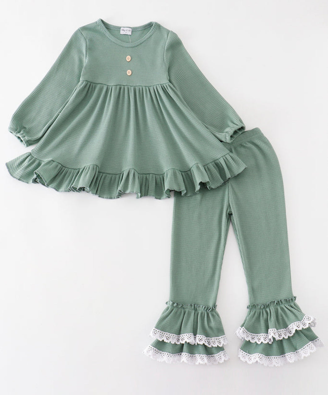 Green waffle girl ruffle set