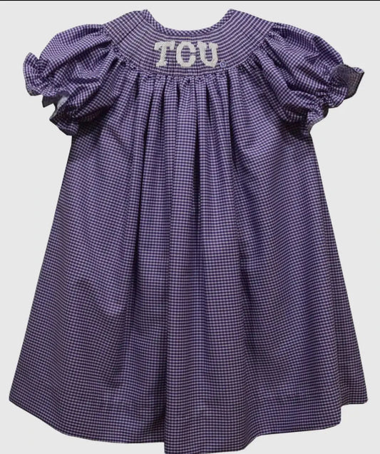 TCU Horned Frogs Smocked Purple Gingham Short Sleeve Bishop Dress - Abbies Place