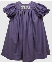 Load image into Gallery viewer, Ready to ship-TCU Horned Frogs Smocked Purple Gingham Short Sleeve Bishop Dress - Image #1
