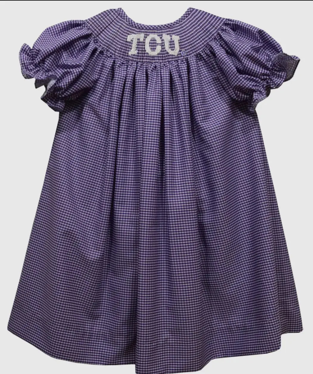 Ready to ship-TCU Horned Frogs Smocked Purple Gingham Short Sleeve Bishop Dress - Image #1