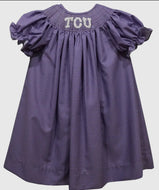 Ready to ship-TCU Horned Frogs Smocked Purple Gingham Short Sleeve Bishop Dress - Image #1