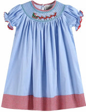 Load image into Gallery viewer, Light Blue Santa and Sleigh Smocked Bishop Dress - Image #1
