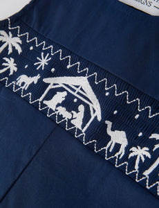 Christmas Navy Blue Nativity Smocking Embroidered Baby Boy Romper-Ships 10/15