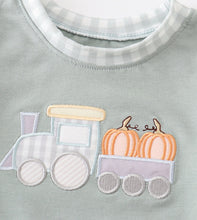 Load image into Gallery viewer, Green train pumpkin applique boy bubble
