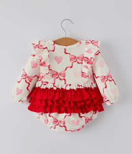 Girls Valentine Romper with Heart Print and Bowknot Design-Ships 11/20