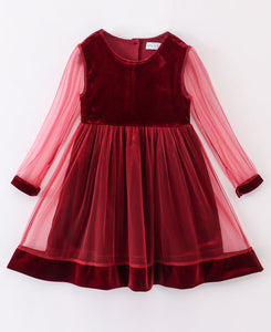 Premium Maroon velvet ruffle girl dress