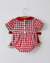 Load image into Gallery viewer, Baby Girls Christmas Outfit - Red Plaid Romper with Tree Bow Accents
