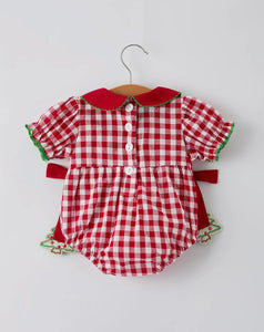 Baby Girls Christmas Outfit - Red Plaid Romper with Tree Bow Accents